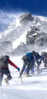 Climbers ascending a snowy mountain peak in a breathtaking landscape.