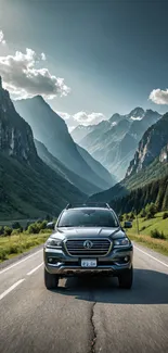 Car driving through green mountain valleys under clear skies.