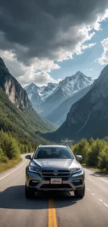 Car driving through mountain range with dramatic sky.