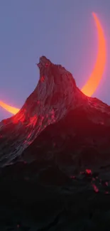 Wallpaper of a mountain with neon crescent glow and dark background.