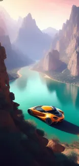 Orange car on cliff overlooking turquoise lake with mountains.