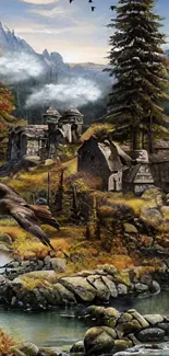 Fantasy mountain village with rustic cottages and flowing stream.