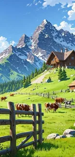 Alpine mountain farm with cabin and cows in a green pasture under a clear blue sky.