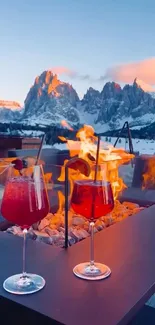 Mountain sunset with cocktails and fire pit.