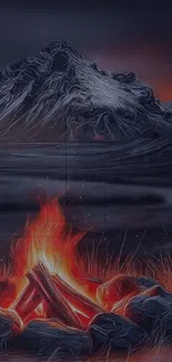 Mountain scene with campfire and dark sky.