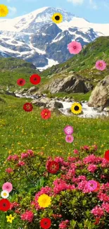 Vibrant floral landscape with snowy mountains.