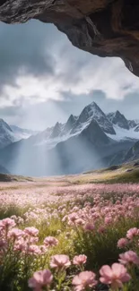 Scenic mobile wallpaper with mountains, flowers, and sunlight.