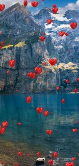 Mountain lake with floating red hearts wallpaper.