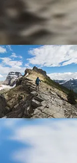 Hiker stands on rocky mountain ridge under a bright blue sky.