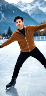 Person ice skating in mountainous landscape.