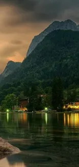 Serene mountain lake at dusk with misty hills and a calm atmosphere.