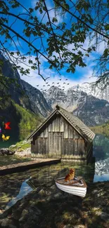 Lakeside cabin with mountains, a boat, and butterflies under a blue sky.