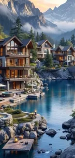 Rustic chalets by a serene mountain lake with a picturesque forest backdrop.