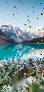 Serene mountain lake with colorful confetti overlay.