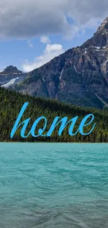 Mobile wallpaper of a scenic mountain lake view with 'home' text overlay.