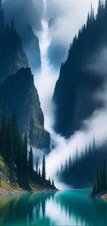 Misty mountain lake surrounded by lush trees and waterfalls.