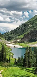 Beautiful mountain lake with lush greenery and blue sky.