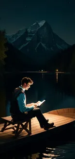 Mountain lake night scene with a person reading on a wooden dock under starlit sky.