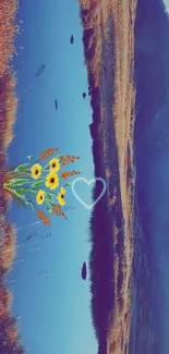 Scenic mountain lake with flowers and sunny sky.