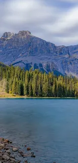 Serene mountain lake with a clear blue sky.