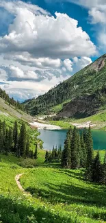 A serene mountain landscape with green hills and a peaceful lake under a vibrant sky.