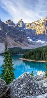 A scenic view of a mountain lake with blue water and trees.