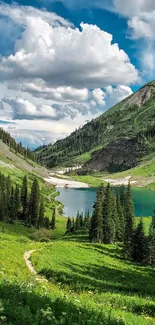 Scenic mountain lake with lush greenery and cloudy sky.