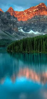 Beautiful sunset over mountain lake with vibrant reflections.