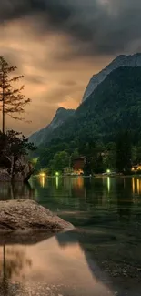 Scenic mountain lake at sunset with reflection.