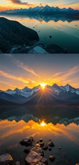 Breathtaking sunset over mountain lake with vibrant reflections.