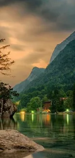 Beautiful sunset view over tranquil mountain lake with glowing reflections.