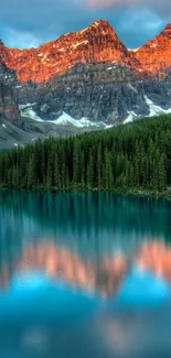 Vibrant mountain lake sunset scene with forest reflection.