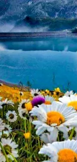 Mountain lake with daisies foreground wallpaper.