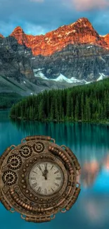 Steampunk clock over lake and mountain backdrop wallpaper.