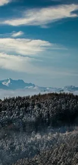 Snow-covered mountain landscape with blue sky.