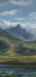 Majestic mountain landscape mobile wallpaper with lush greenery and cloudy sky.
