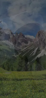 Mountain landscape with trees and peaks in a green valley wallpaper.