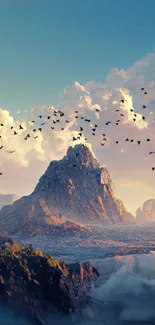 Mountain landscape with birds and clouds at sunrise.