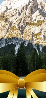 Serene mountain landscape with a golden bow in the foreground.