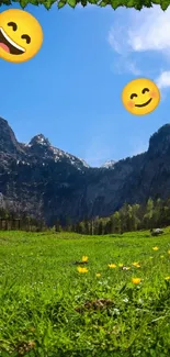 Smiling emoji over lush mountain landscape.