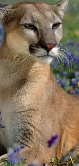 Mountain lion resting among colorful wildflowers in a natural setting.