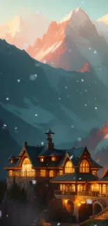 Cozy mountain lodge with glowing lights amidst snow-covered peaks.