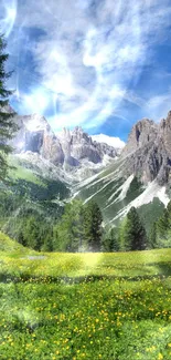 Serene mountain meadow with blue sky and vibrant scenery in a summer landscape.