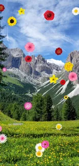 Vibrant meadow with colorful flowers and majestic mountains.