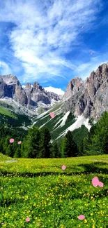 Mountain meadow with green fields and blue sky, showcasing nature's beauty.