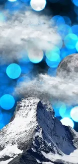 Majestic snowy mountain with blue bokeh background for mobile wallpaper.