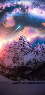 Majestic snow-capped mountains under a vibrant galaxy night sky.