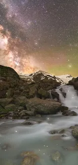 Starry mountain night with waterfall and Milky Way.