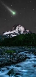 Mountain night sky with comet and river in serene landscape.