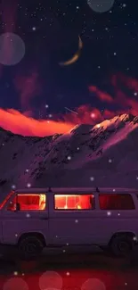 Van under starry night with mountains and glowing windows.